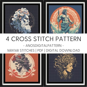 May include: Four cross stitch patterns featuring different mythological figures. The patterns are in a vintage style with a red, blue, and yellow colour scheme. The patterns are 168x168 stitches and are available as a PDF digital download.