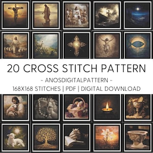 May include: A set of 20 cross stitch patterns featuring religious imagery. The patterns are 168x168 stitches and are available as a digital download in PDF format.