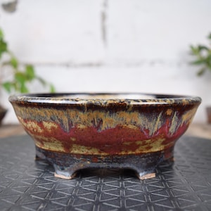 Peut inclure: Un pot à bonsaï en céramique de conception large et peu profonde. Le pot présente un bord marron foncé, avec des couches de glaçure rouge, dorée et noire. Il possède trois petits pieds et est conçu pour les bonsaïs.