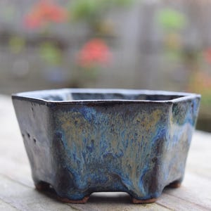 May include: A square ceramic bonsai pot with a dark blue and gold glaze. The pot has a textured surface and is supported by four small feet. The background is blurred, showing greenery and red flowers.