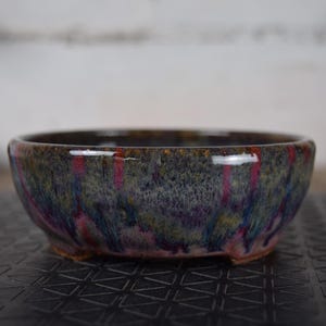 Peut inclure: Un pot de bonsaï en céramique avec une finition brillante. Le bol présente un mélange de couleurs, dont le vert, le bleu et le rose, avec un motif tacheté. Le pot a un profil bas et est conçu pour les bonsaïs.