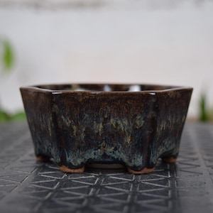 Peut inclure: Un pot à bonsaï carré en céramique avec un glaçage brun foncé et sarcelle. Le pot a une surface texturée et repose sur quatre petits pieds. L'intérieur est d'un brun plus foncé.