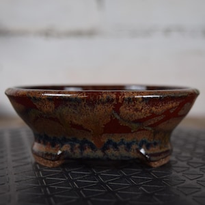 Peut inclure: Un petit pot à bonsaï en céramique émaillée. Le bol est brun foncé avec des accents rouges et bleus. Il a un profil bas avec une large ouverture et repose sur trois petits pieds. Le pot est conçu pour contenir des plantes.