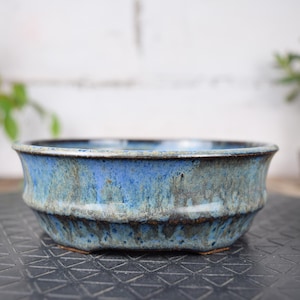 Peut inclure: Un pot à bonsaï en céramique bleu et gris, de conception large et peu profonde. Le pot a une surface texturée et un bord évasé. La couleur passe d'un bleu profond à un gris plus clair. Le pot est conçu pour les bonsaïs.