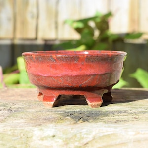 May include: A round ceramic bonsai pot with a glossy red glaze and dark brown accents. The bowl features a wide, open top and is supported by four short, sturdy feet. The surface of the pottery shows subtle variations in colour and texture.