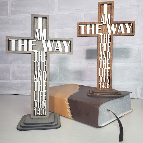 Wood Cross Standing Decorative Cross Standing Cross I Am The Way Wooden Cross Christian Wood Sign John 14:6 Christian Gift Bible Verse Cross