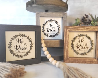 He Is Risen Easter Sign Mini Wood Signs Rustic Christian Décor Farmhouse Easter Décor Easter Tiered Tray Religious Easter Decoration