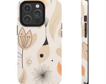 Könnte beinhalten: Eine weiße Handyhülle mit einem floralen Muster in Braun- und Beigetönen. Die Hülle hat einen Ausschnitt für die Kamera.