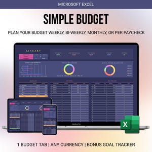 Puede incluir: Una maqueta digital de una plantilla de presupuesto de Microsoft Excel que se muestra en una computadora portátil, una tableta y un teléfono inteligente. La pantalla muestra una descripción general financiera detallada con gráficos y tablas. El texto dice "SIMPLE BUDGET" y "PLAN YOUR BUDGET WEEKLY, BI-WEEKLY, MONTHLY, OR PER PAYCHECK."