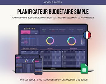 May include: A digital budgeting planner displayed on a laptop, tablet, and smartphone. The screens show financial data with charts and tables. Text at the top reads "PLANIFICATEUR BUDGÉTAIRE SIMPLE". The French flag is visible.