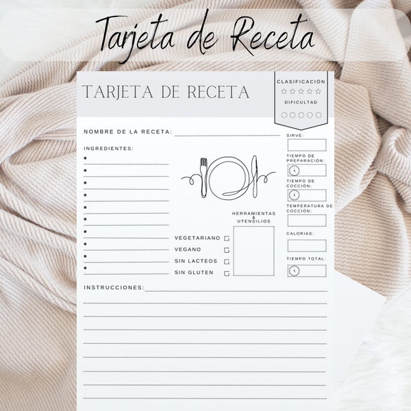 Espanol Feuille de planificateur de recettes imprimable Recettes pour classeur de recettes Livre de recettes imprimable numérique Carte de recettes Journal Page de recettes