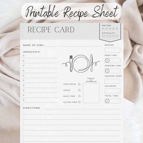 Printable Recipe Planner Sheet Template Recipes for Recipe Binder Digital Printable Cookbook Recipe Card Home Cook Book Journal Recipe Page