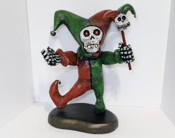 Hand Carved Skeleton Jester  Halloween Statue  One of a Kind Skeleton Jester Figure   Hand Carved Halloween Decor  Collectible Court Jester