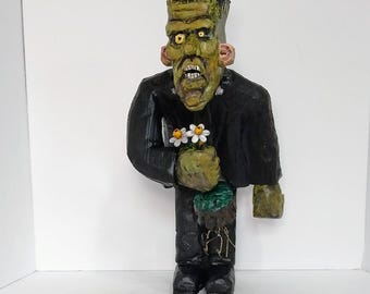 Hand Carved Frankenstein  One of a Kind Frankenstein  Frankenstein Sculpture  Halloween Decor   Unique Carved Frankenstein   Monster Carving