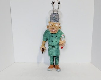 Mad Scientist Statue  Halloween Decor  Hand Carved Mad Scientist  One of a Kind Wood Carved Mad Scientist   Creepy Halloween Statue