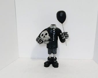 Hand Carved Skeleton  Halloween Decor   Wednesday Addams inspired Skeleton Carving   Ghoul Wood Carving  Wood Skeleton Collectible Skeleton