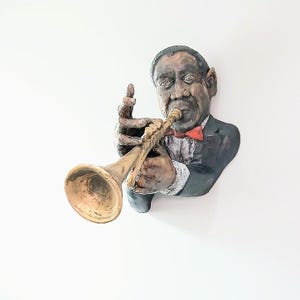 Trumpet Player Sculpture  Musician Wood Carving  Inspired by Louie Armstrong Musician Wood Carving   Carved Wood Trumpet Player