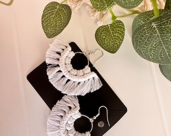 Boho Handmade Macrame Hoop Earrings - White