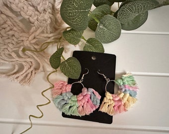 Boho Handmade Macrame Hoop Earrings - Pastel Rainbow