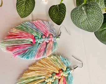 Boho Handmade Macrame Feather Earrings - Pastel Rainbow