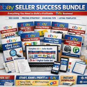 May include: An image showcasing the "eBay Seller Success Bundle," featuring various guides and resources for building an eBay business. The display includes books, a laptop, smartphones, and printed materials, all branded with the eBay logo. The bundle promises SEO tips, pricing strategies, and listing templates.