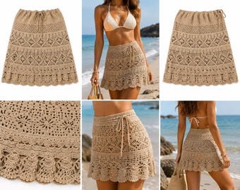 Sand Beige Crochet Mini Skirt, Boho Beach Cover Up, Summer Festival Apparel