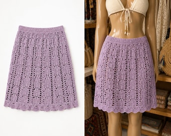 Lilac Crochet Skirt, Handmade Boho Summer Skirt, Crochet Beach Cover Up, Women’s Lace Skirt, Festival Resort Wear, S-M