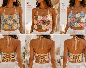 Handmade Crochet 3D Rose Crop Top – Adjustable Back Tie | Boho Summer Festival Top