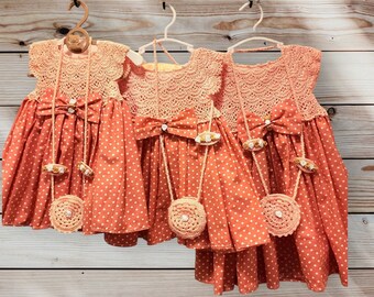 Handmade Toddler Girl Dress Set, Salmon Polka Dot, Knit Top, Bag & Hair Clips