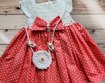 Handmade Crochets Toddler Dress Set, White and Salmon Outfit, Bag and Hair Clip