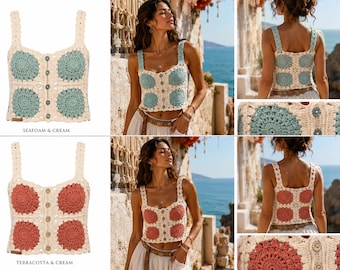 Handmade Crochet Granny Square Button Front Bustier – Boho Cotton Crop Top | Seafoam or Terracotta