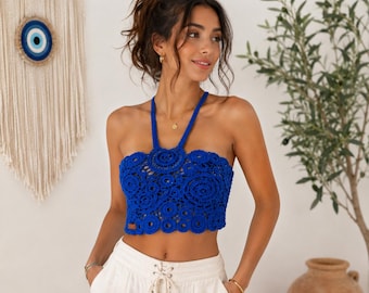 Royal Blue Irish Crochet Halter Top, Handmade Boho Summer Beach Festival Wear