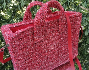 Red Handcrafted Yarn Bag | Leather Accents Felt-Lined Winter Bag