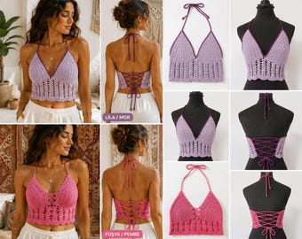 Crochet Halter Top | Adjustable Lace-Up Back | Boho Summer Crop Top