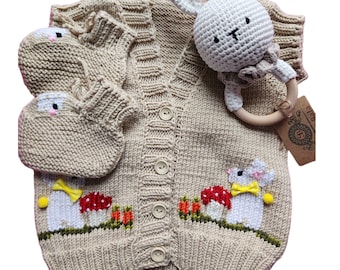 Embroidered Rabbit Knit Baby Vest Set – Beige Outfit with Booties & Rattle