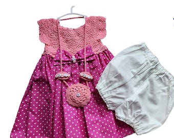 Crochets  Toddler Girl Dress Set, Pink Polka Dot, Knit Top, Bag & Hair Clip