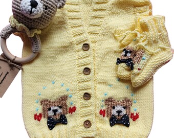 Bear Embroidered Knit Baby Vest Set, Crochet Booties & Rattle