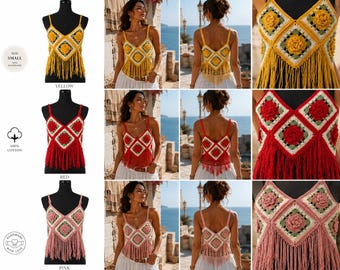 Crochet 3D Floral Fringe Bustier Top – Boho Mustard, Red & Dusty Pink
