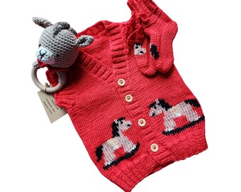 Handmade Horse Knit Baby Outfit, Crochet Vest, Booties, Rattle, 6-9M