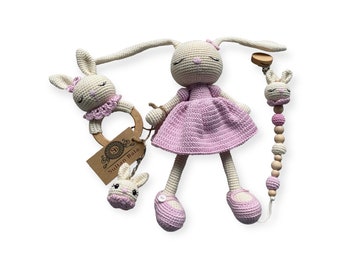 Amigurumi  Pink Bunny Baby Set, Rattle, Pacifier Clip