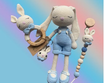 Crochet Amigurumi Rabbit Sleeping Set, Baby Rattle, Pacifier Holder