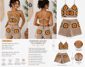Handmade Crochet Set, Granny Square Top and Shorts, Crochet Two Piece Outfit, Boho Summer Set, Festival Beach Outfit