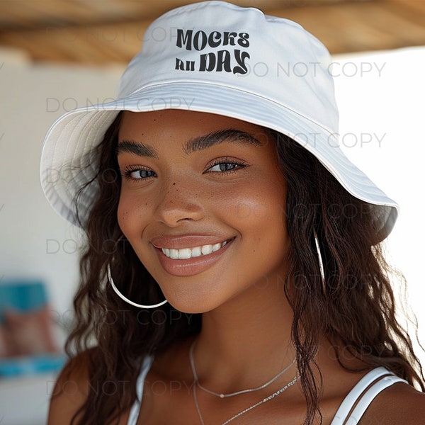 Womens Bucket Hat Mockup, JPG and Editable Layered Photoshop File, Mock Up Custom AOP Color Areas on Female Model, Black Model Summer Cap
