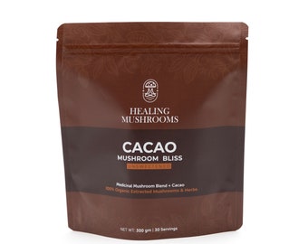 Cacao Mushroom Bliss, Hot Chocolate with Extract Mushroom Blend (Lions Mane Cordyceps Chaga, Shiitake) Ashwagandha Maca Extract UNSWEETENED
