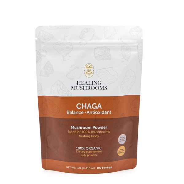 Organic CHAGA Mushroom Powder, for Digestion, Energy, & Immune support, liver and cardiovascular health from 'Healing Mushrooms'