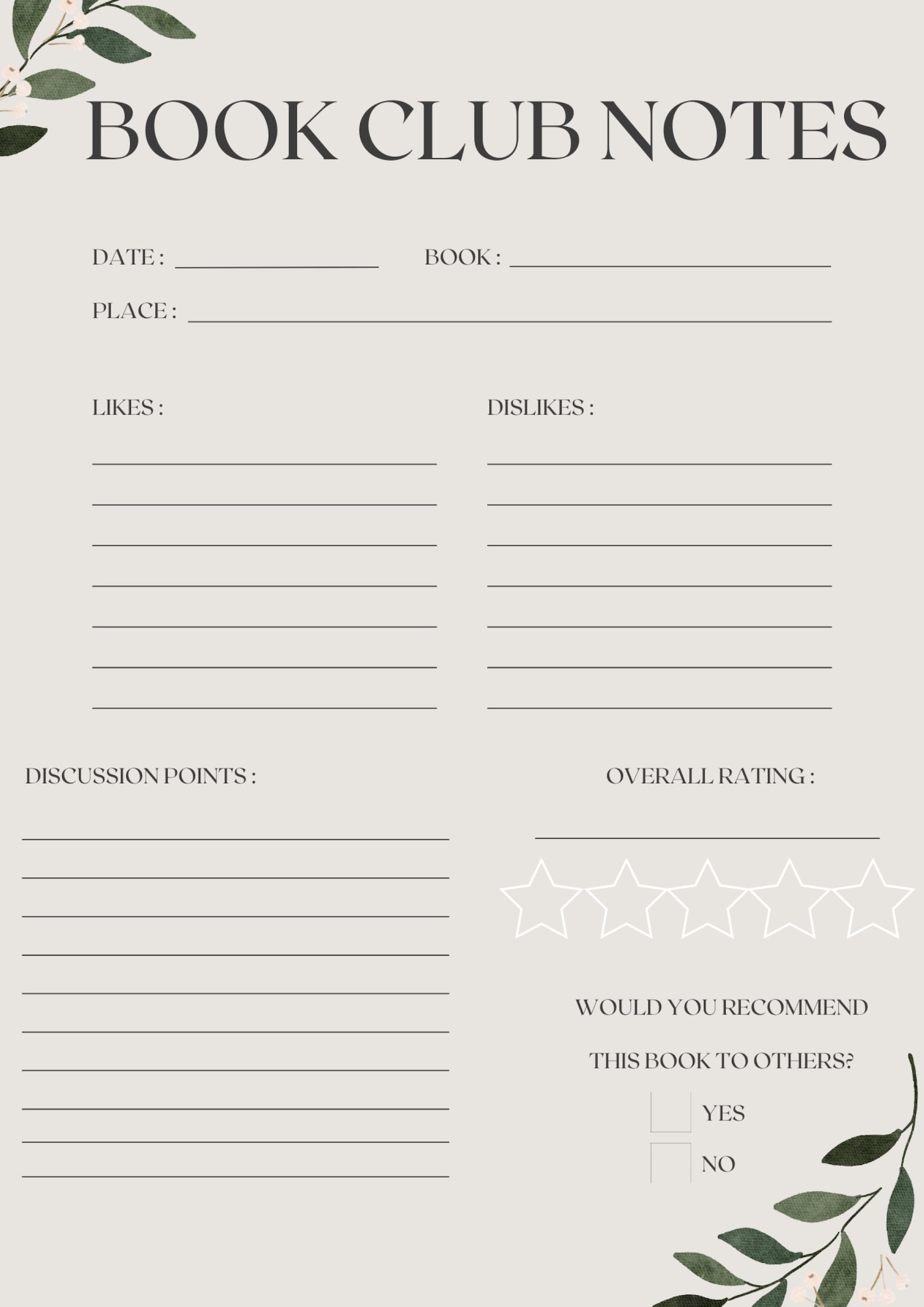 Book Club Notes Template PRINTABLE Book Review Book Log Book Notes Book Club Notes Template PRINTABLE Book Review Book Log Book Notes