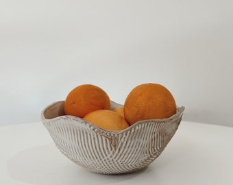 Handmade Ceramic Fruit Bowl with Matte White Wavy Texture /  Minimalist Rustic Style