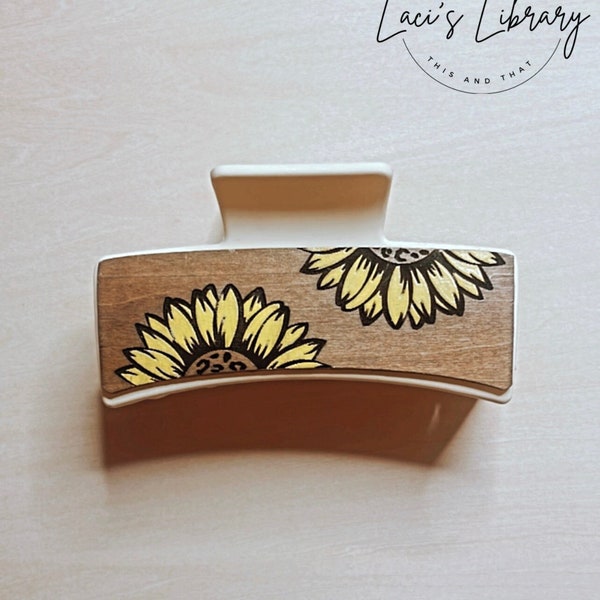 Sunflower Leopard Hair Claw Clip, Wood Hair Claw Clip