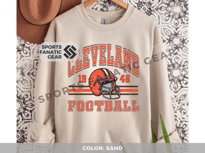 Cleveland Crewneck Sweatshirt, Trendy Vintage Style Football Shirt for Game Day Sand