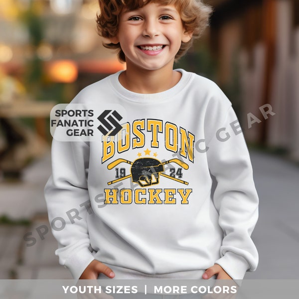 Boston Hockey Youth Crewneck Sweatshirt, Kids Hockey Fan Shirt